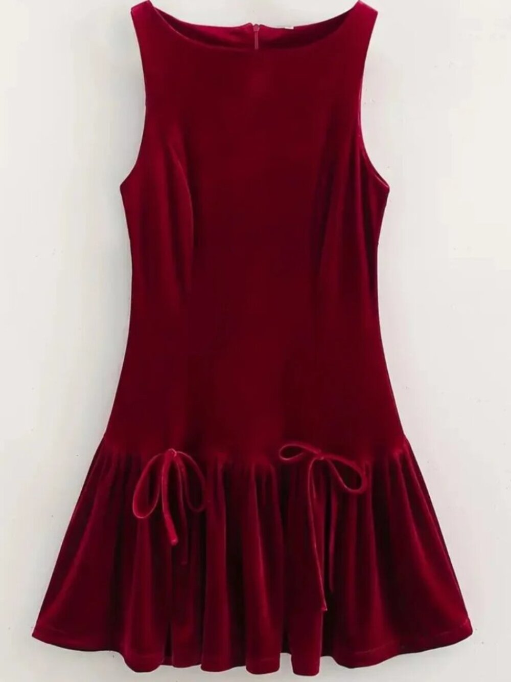 Crimson Velvety Bow-Knot Hem Dress